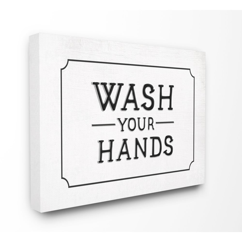The Stupell Home Decor Collection Wash Your Hands Black and White Faux Aluminum Sign Look Typography Stretched Canvas Wall Art, 24 x 30