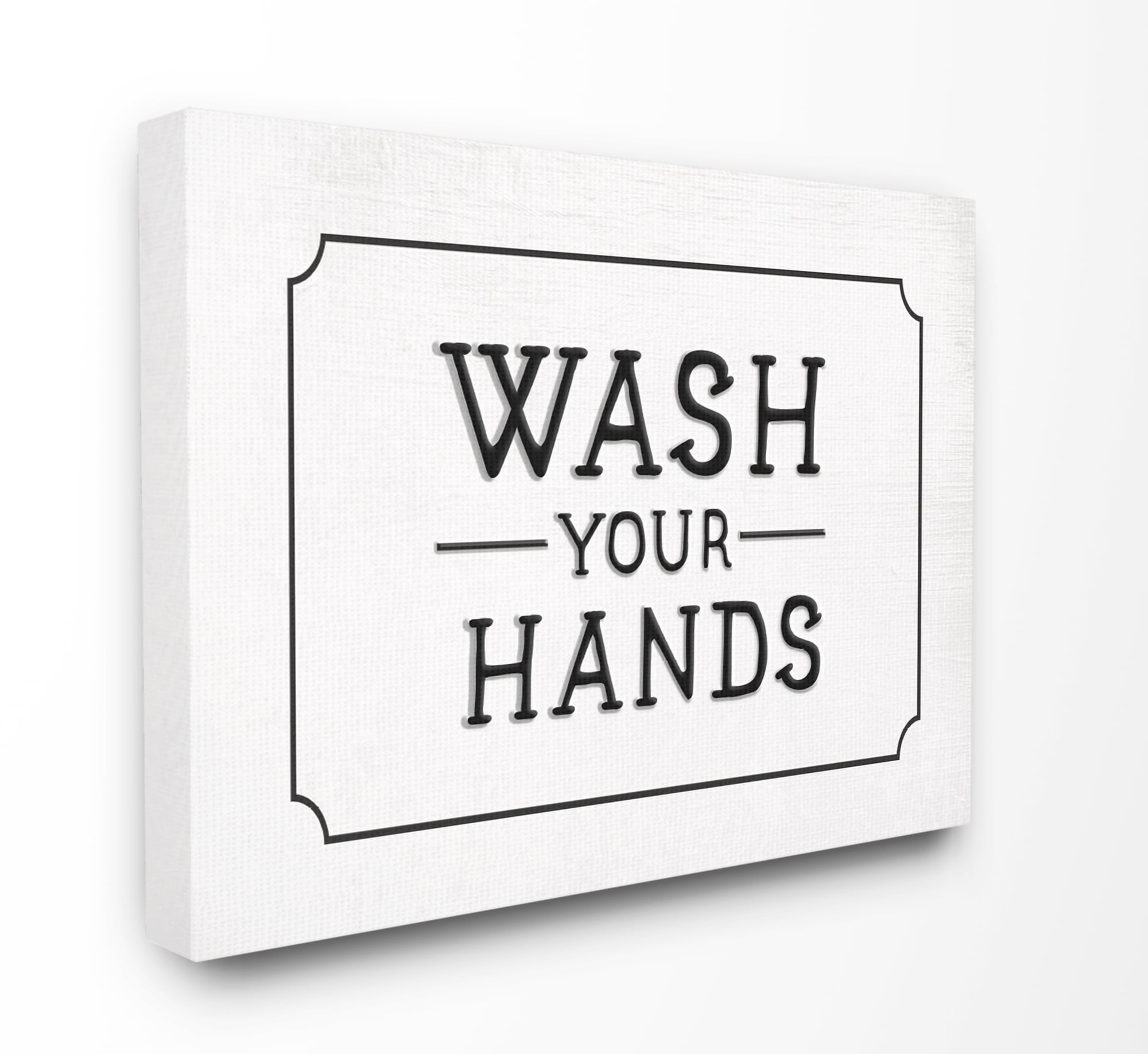 The Stupell Home Decor Collection Wash Your Hands Black and White Faux Aluminum Sign Look Typography Stretched Canvas Wall Art, 30 x 40