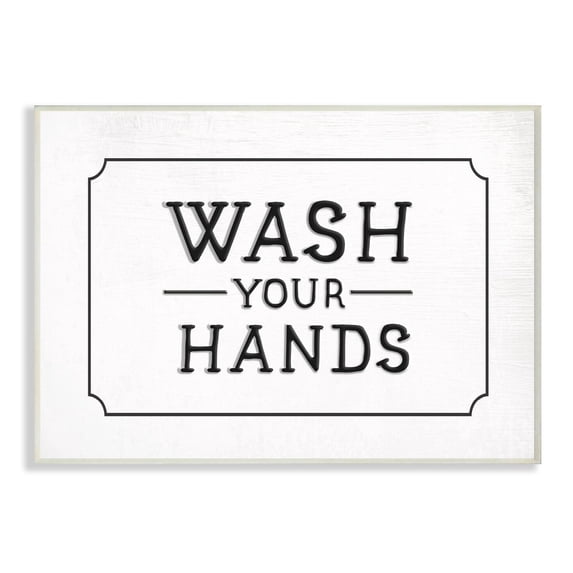 The Stupell Home Decor Collection Wash Your Hands Black and White Faux Aluminum Sign Look Typography Wall Plaque Art, 10 x 15