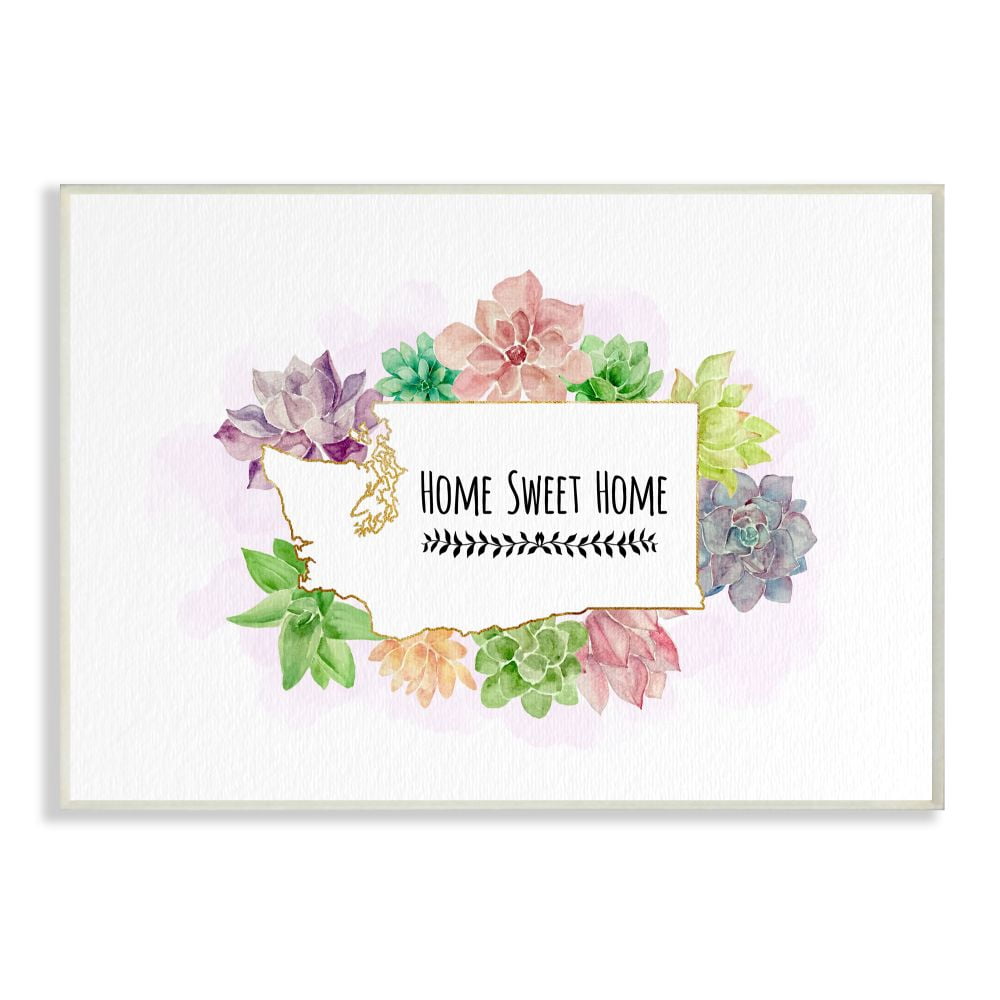 The Stupell Home Decor Collection Washington State Home Sweet Home Succulent Watercolor Vignette Wood Wall Art