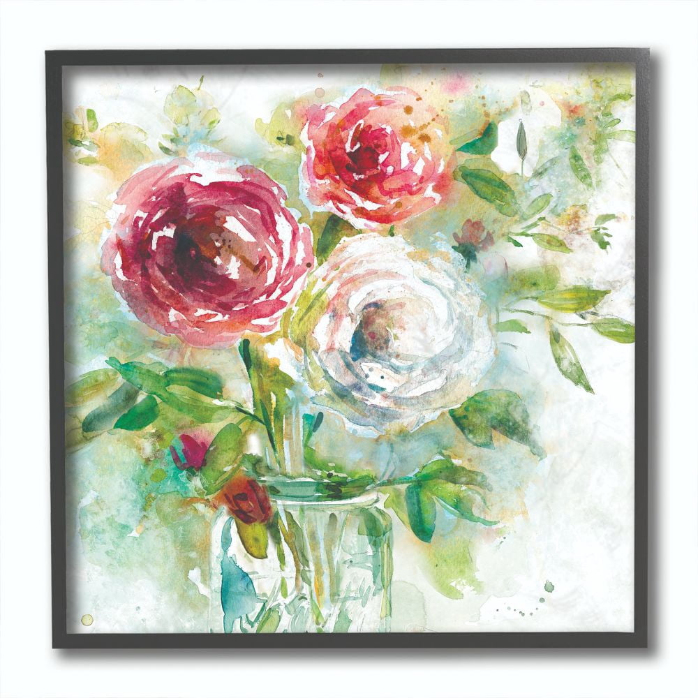 The Stupell Home Decor Collection Watercolor Flowers in a Mason Jar Red and Green Framed Giclee Texturized Art