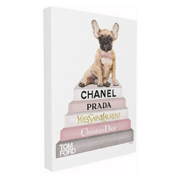 The Stupell Home Decor Collection Watercolor High Fashion Bookstack French Bulldog Stretched Canvas Wall Art, 16 x 1.5 x 20