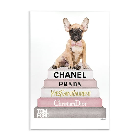 The Stupell Home Decor Collection Watercolor High Fashion Bookstack French Bulldog Wall Plaque Art, 10 x 0.5 x 15