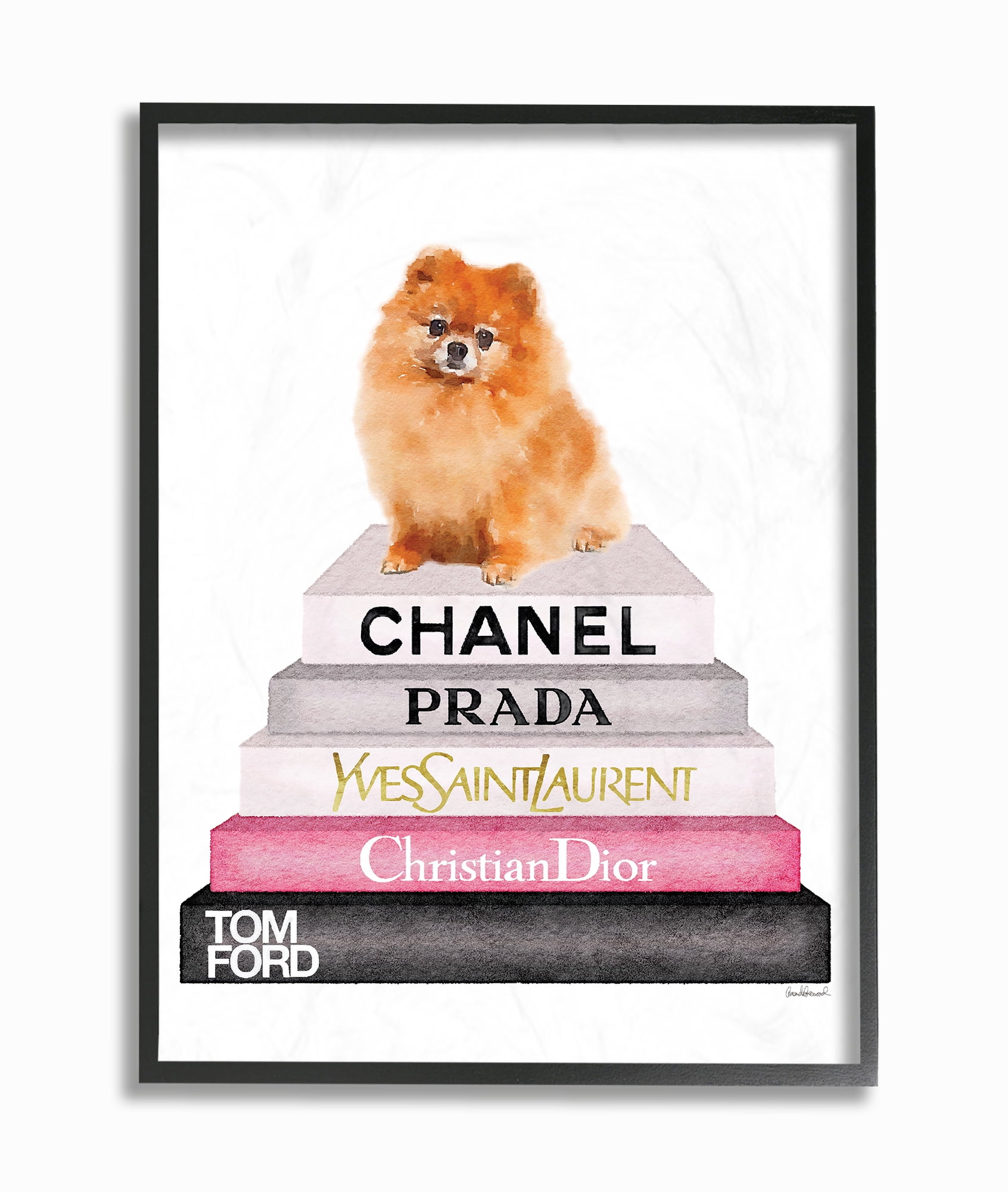The Stupell Home Decor Collection Watercolor High Fashion Bookstack Pomeranian Dog Oversized Framed Giclee Texturized Art, 16 x 1.5 x 20