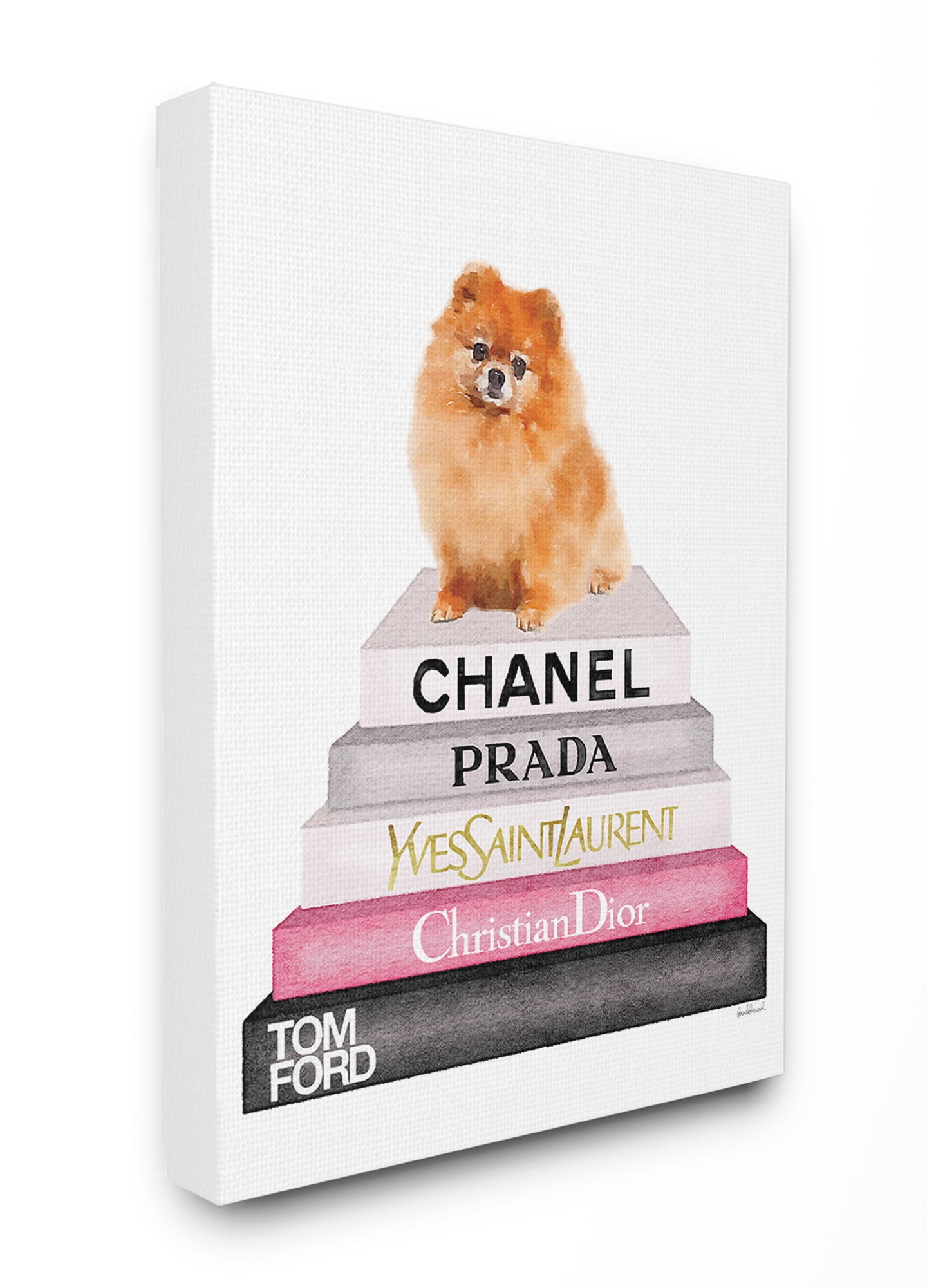 The Stupell Home Decor Collection Watercolor High Fashion Bookstack Pomeranian Dog Oversized Stretched Canvas Wall Art, 24 x 1.5 x 30