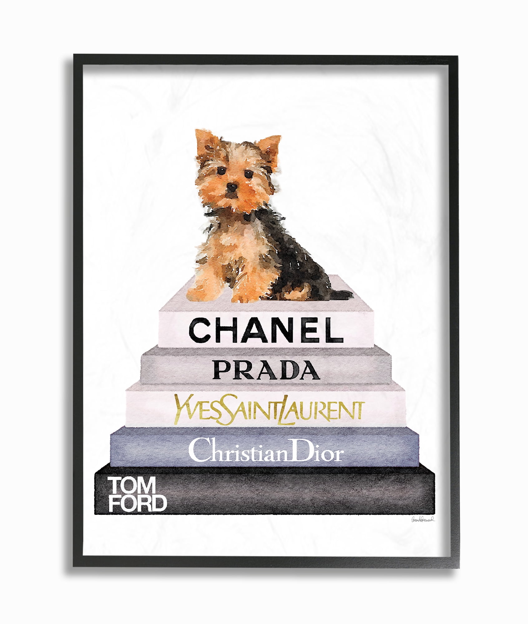 The Stupell Home Decor Collection Watercolor High Fashion Bookstack Yorkie Dog Framed Giclee Texturized Art, 11 x 1.5 x 14