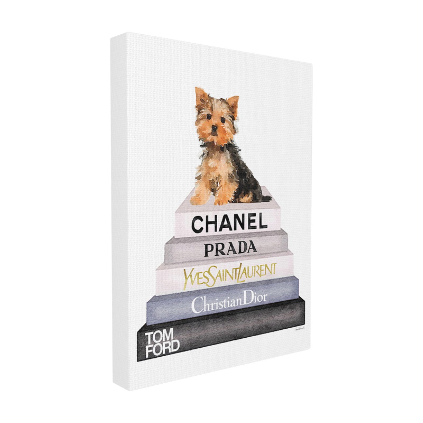 The Stupell Home Decor Collection Watercolor High Fashion Bookstack Yorkie Dog Oversized Stretched Canvas Wall Art, 24 x 1.5 x 30