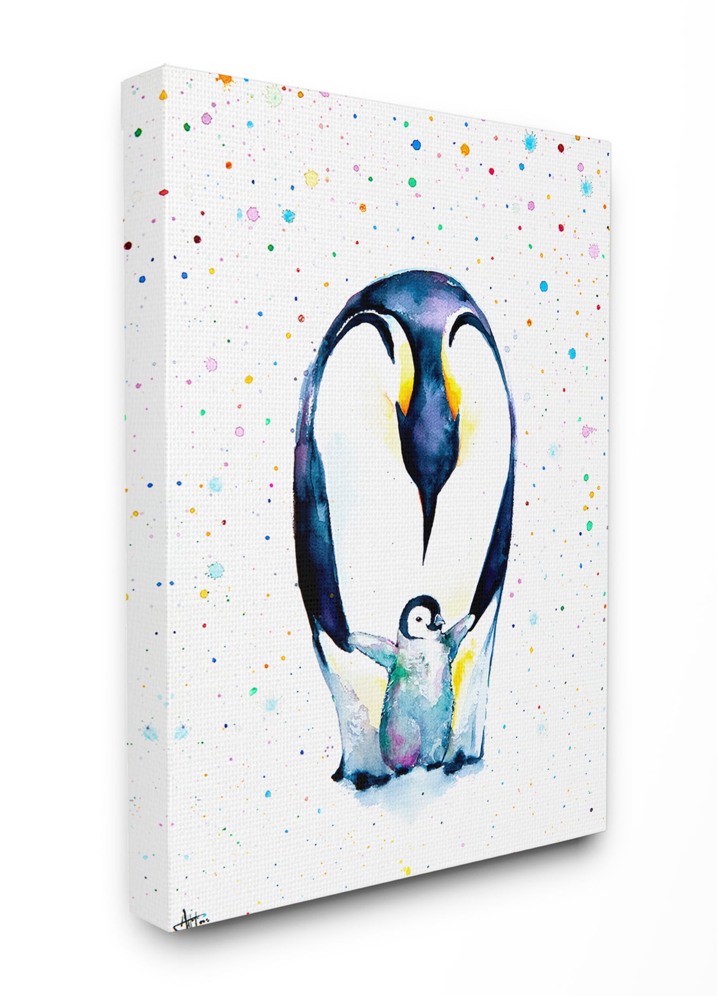 The Stupell Home Decor Collection Watercolor Polka Dot Splatter Penguin Mom and Baby Family Stretched Canvas Wall Art, 24 x 30
