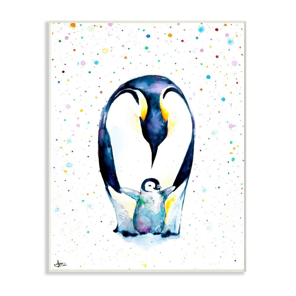 The Stupell Home Decor Collection Watercolor Polka Dot Splatter Penguin Mom and Baby Family Wall Plaque Art, 12.5 x 18.5