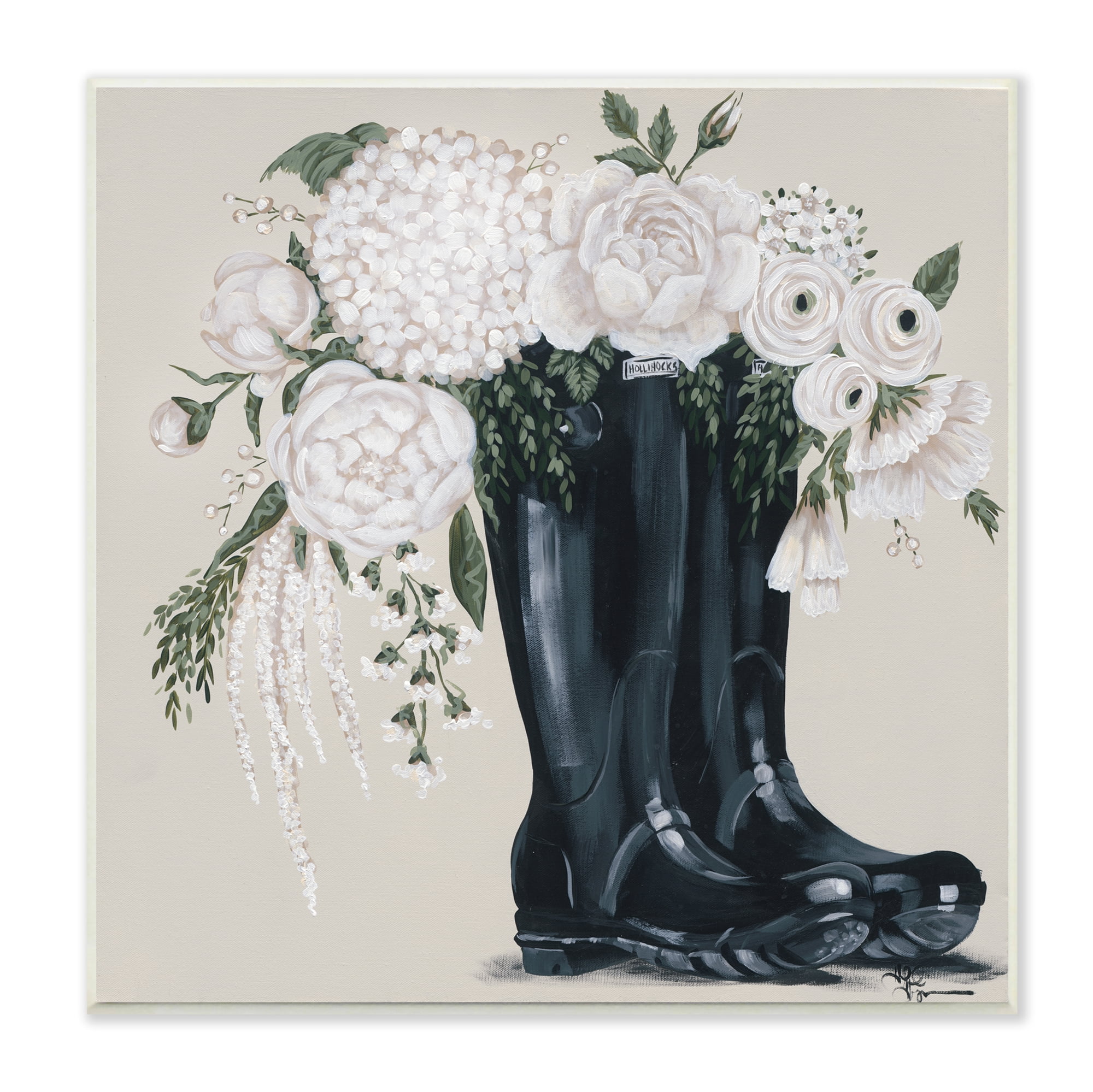 The Stupell Home Decor Collection White Flower Arrangement in Black Boots Painting Wood Wall Art
