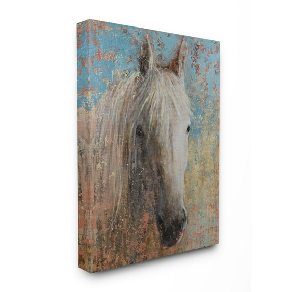 The Stupell Home Decor Collection White Horse Portrait Distressed Surface Blue Painting Canvas Wall Art