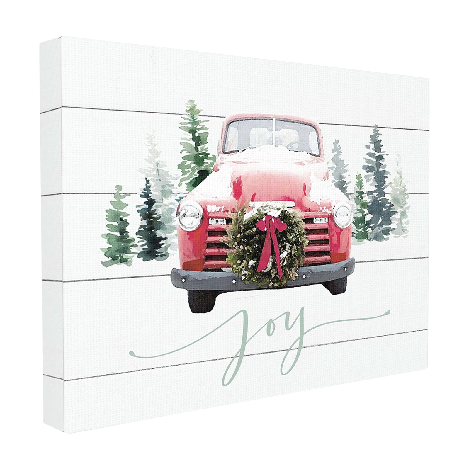 The Stupell Home Decor Collection White Planked Look Holiday Joy Truck with Wreath and Trees Framed Giclee Texturized Art, 11 x 1.5 x 14