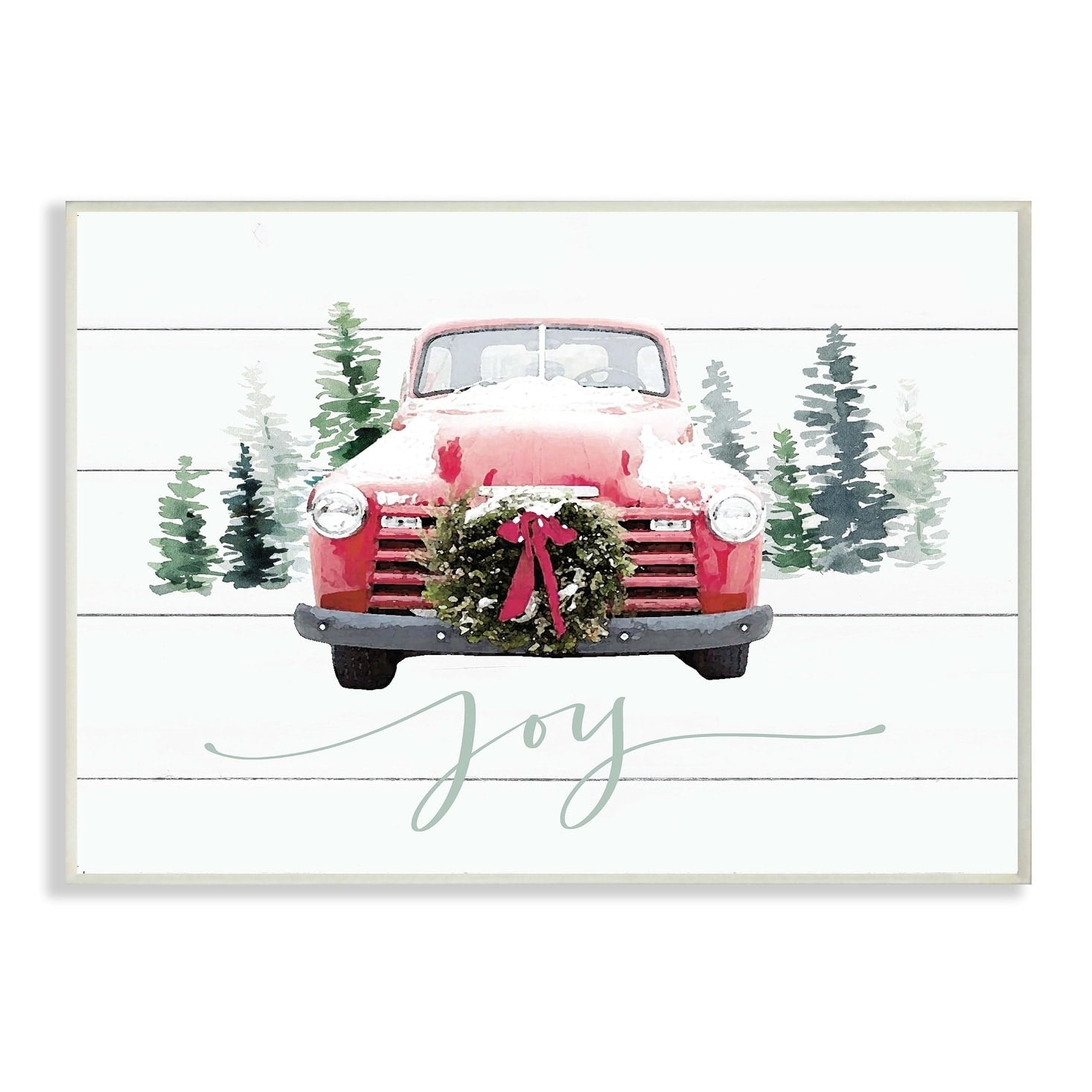 The Stupell Home Decor Collection White Planked Look Holiday Joy Truck with Wreath and Trees Oversized Wall Plaque Art, 12.5 x 0.5 x 18.5