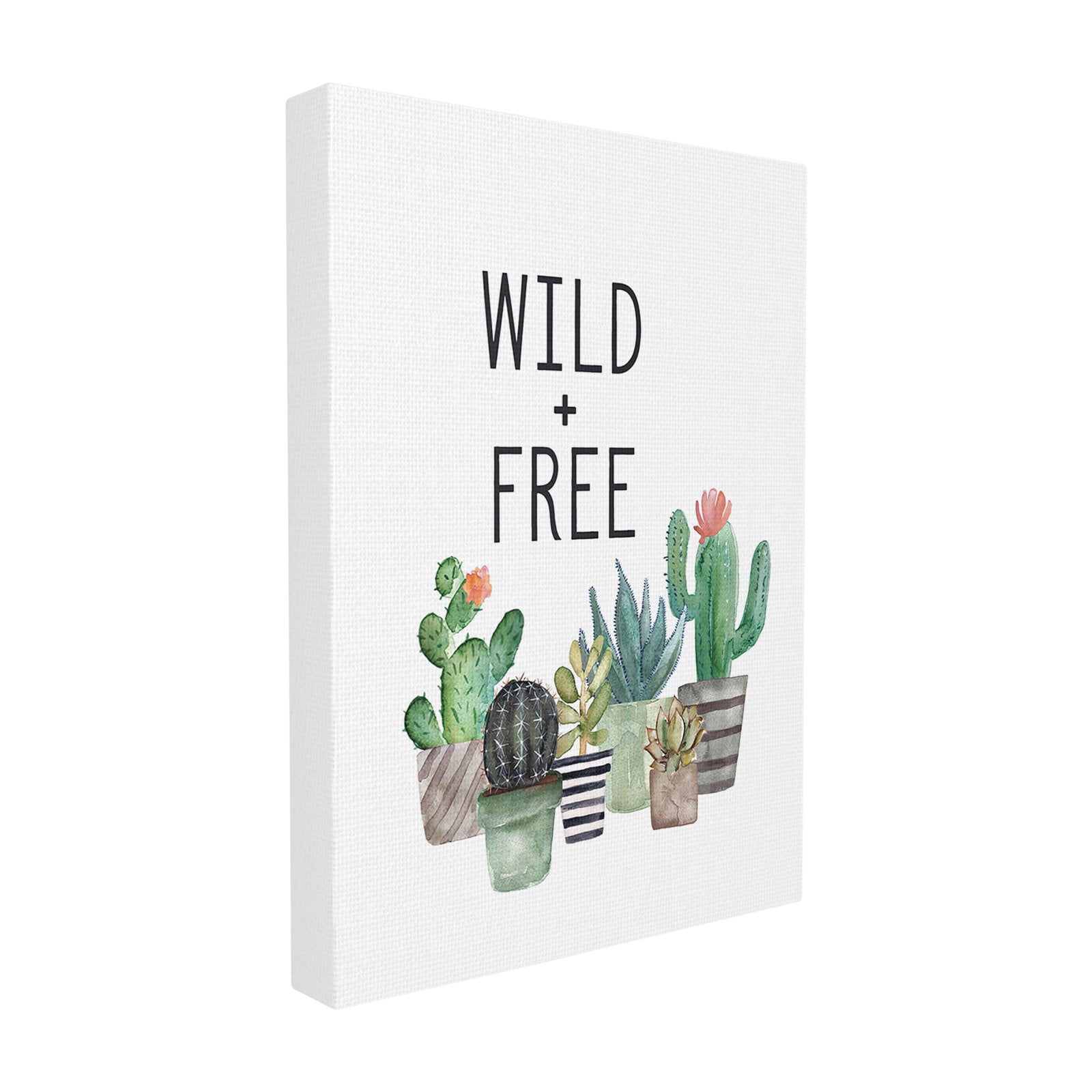 The Stupell Home Decor Collection Wild And Free Typography with Watercolor Cacti and Striped Pots XXL Stretched Canvas Wall Art, 30 x 1.5 x 40