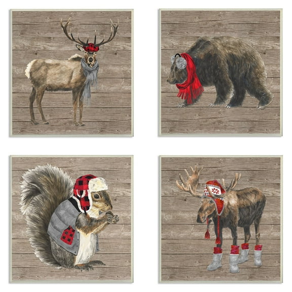 The Stupell Home Decor Collection Wilderness Cold Stylish Animals in Buffalo Plaid Art - Set of 4