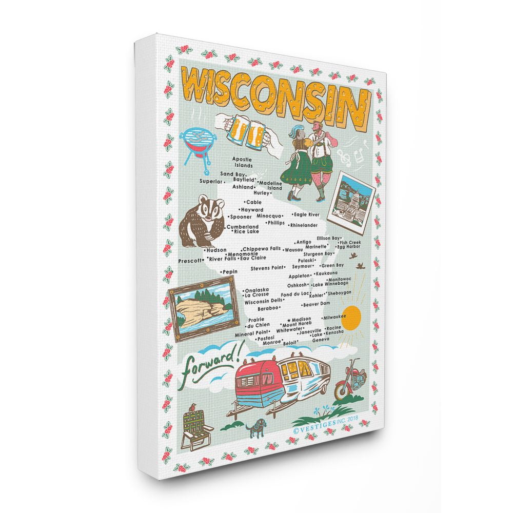 The Stupell Home Decor Collection Wisconsin Pale Blue Illustrated Scenic Map Poster Super Canvas Wall Art