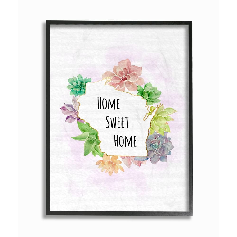 The Stupell Home Decor Collection Wisconsin State Home Sweet Home Succulent Watercolor Vignette Framed Giclee Texturized Art