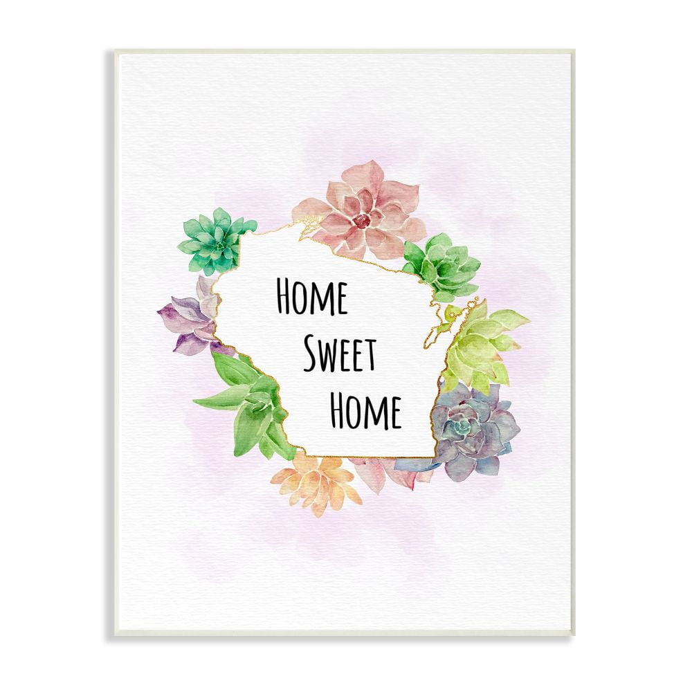 The Stupell Home Decor Collection Wisconsin State Home Sweet Home Succulent Watercolor Vignette Wood Wall Art