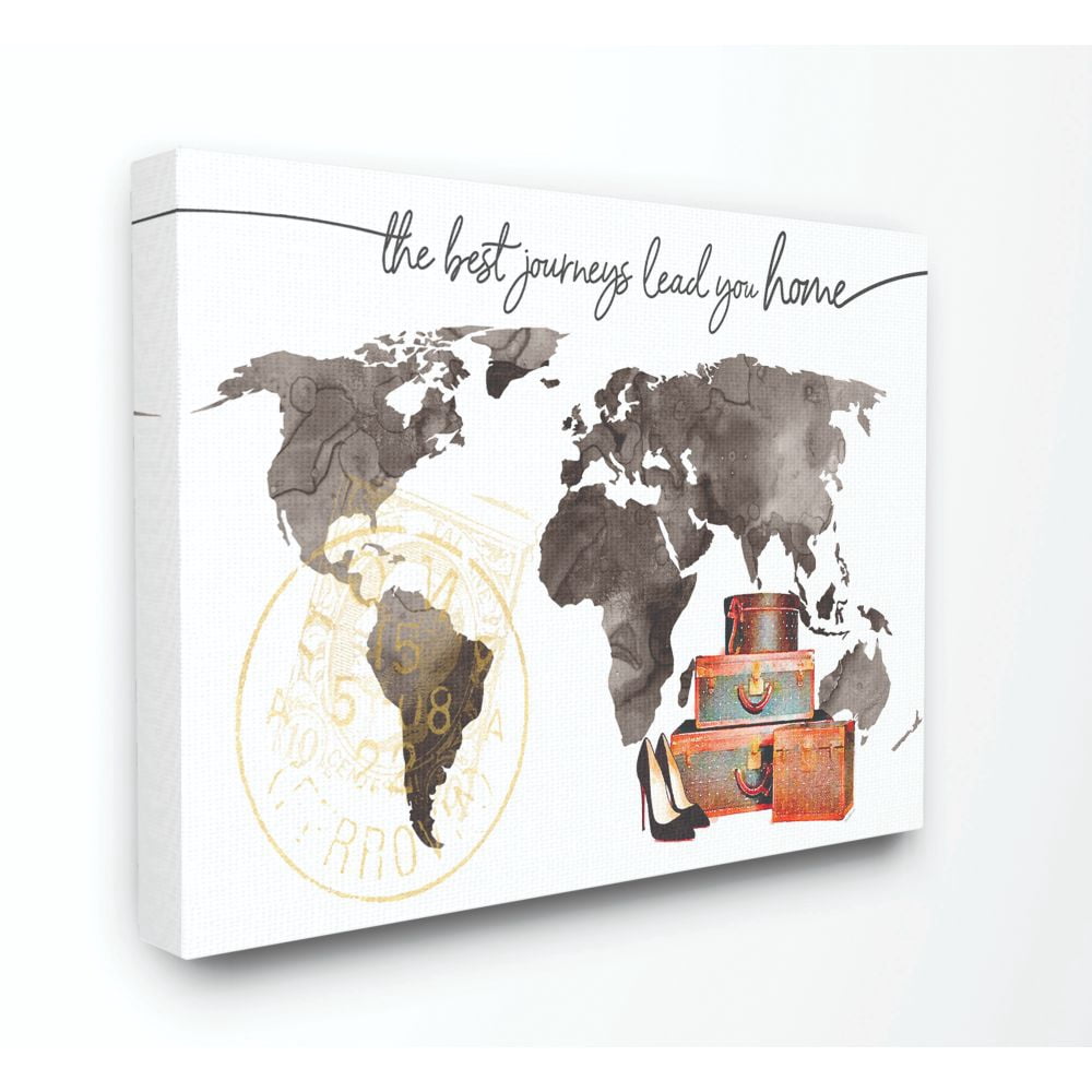 The Stupell Home Decor Collection World Map The Best Journeys Lead You Home Fashion Shoes and Luggage Illustration Canvas Wall Art