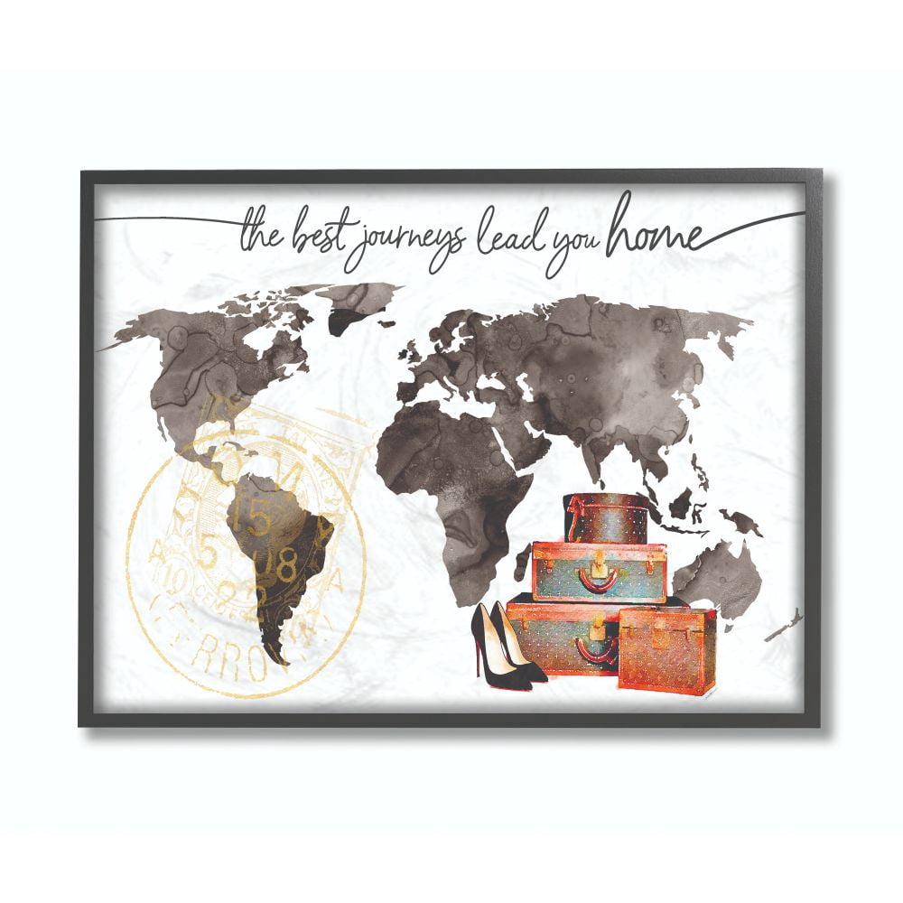 The Stupell Home Decor Collection World Map The Best Journeys Lead You Home Fashion Shoes and Luggage Illustration Framed Giclee Texturized Art
