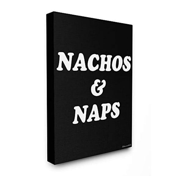 The Stupell Home Decor Collection lulusimonSTUDIO Black and White Nachos And Naps Script Typography Stretched Canvas Wall Art, 16 x 1.5 x 20