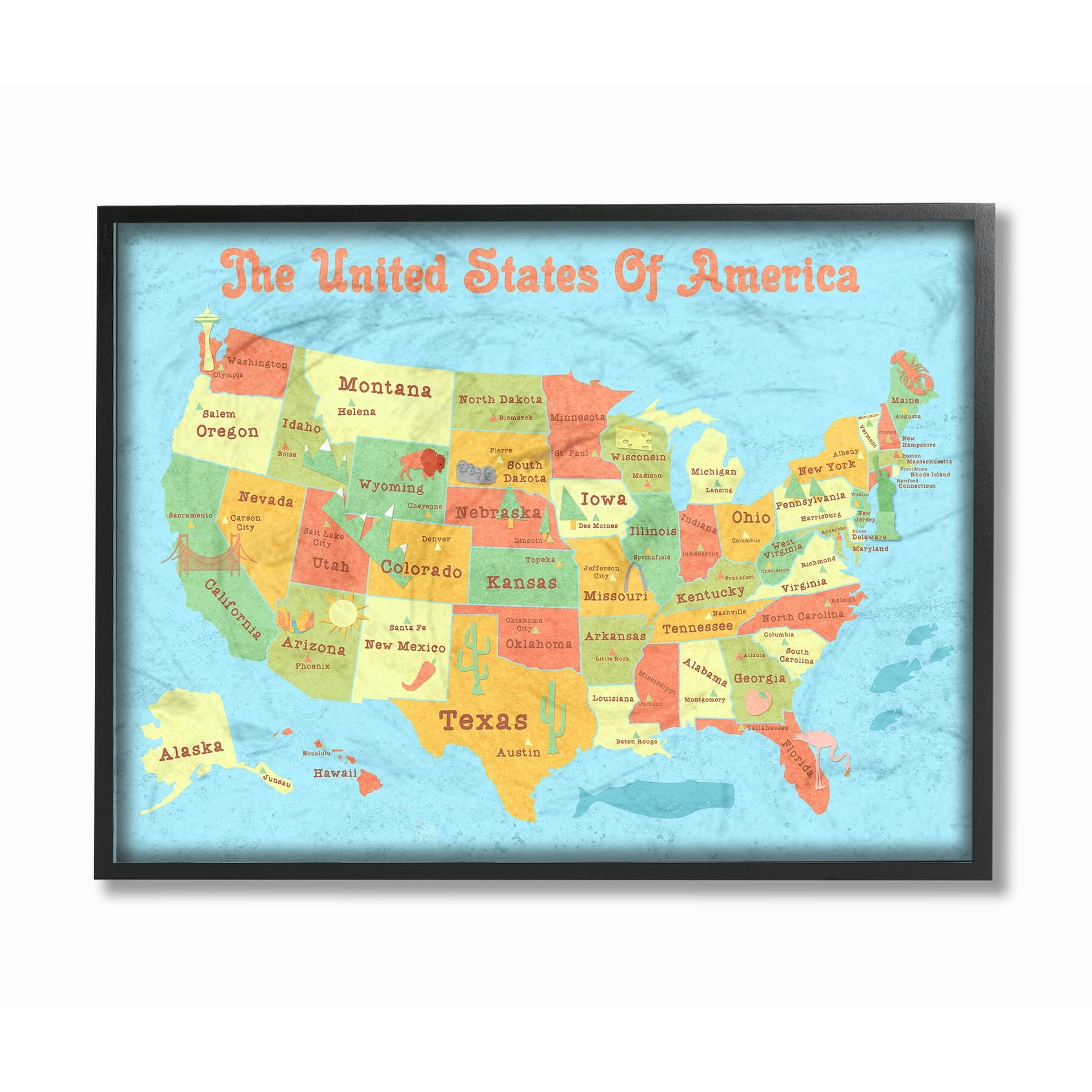 The Stupell Home Decor Collection of Map with Capitals Framed Giclee Wall Art