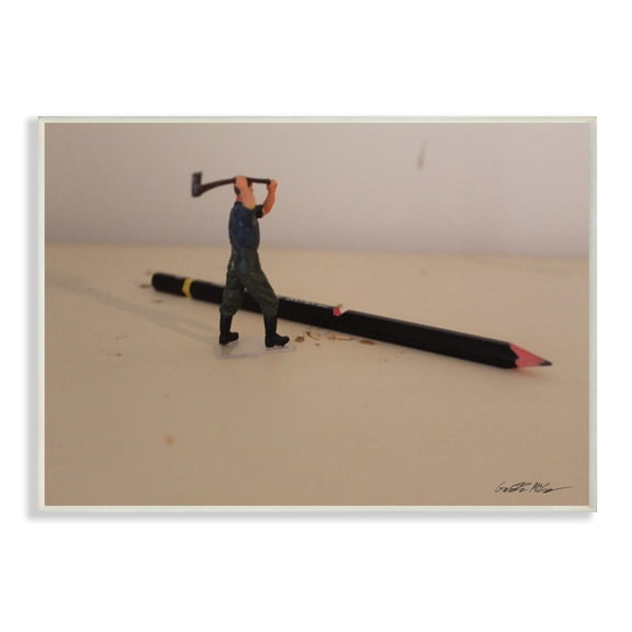 The Stupell Home Decor Comical Toy Army Man Scene Lumberjack Chopping Pencil Wood