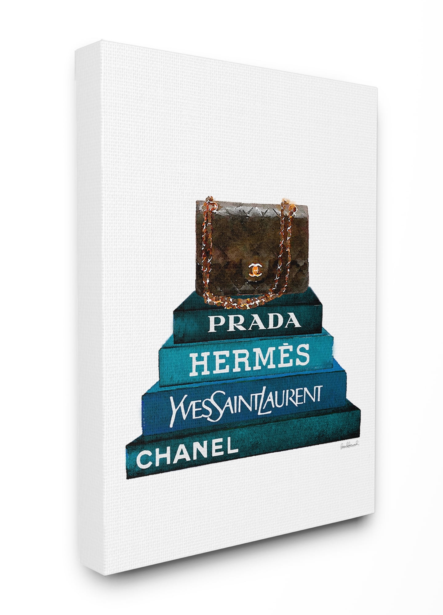 The Stupell Home Decor Dark Teal Fashion Bookstack with Brown Fashion Bag Canvas Wall Art