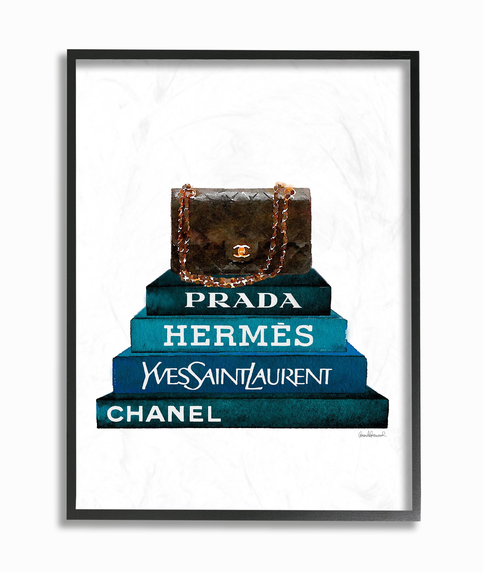 The Stupell Home Decor Dark Teal Fashion Bookstack with Brown Fashion Bag Framed Texturized Art