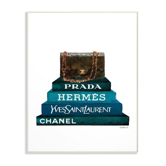 The Stupell Home Decor Dark Teal Fashion Bookstack with Brown Fashion Bag Wall Plaque Art