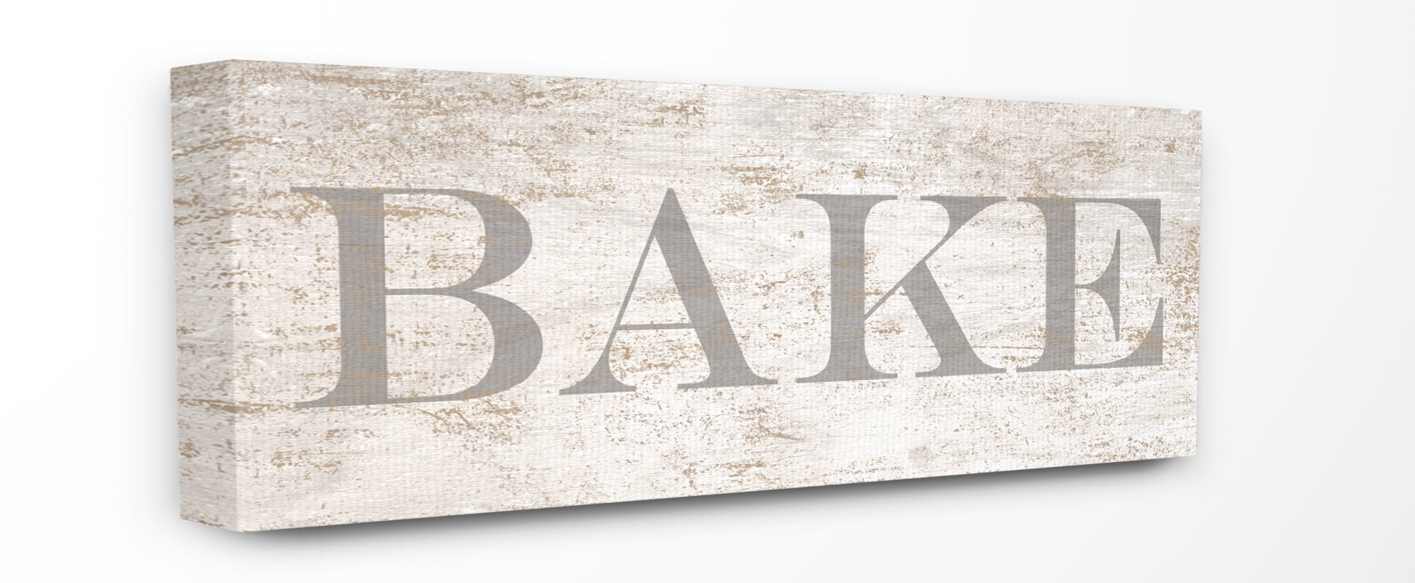 The Stupell Home Decor Distressed Kitchen White Tan and Grey Bake Sign Canvas Wall Art, 13 x 30