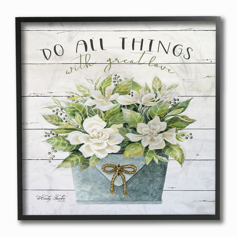 The Stupell Home Decor Do All Things With Great Love Floral Magnolia Pail Planked Look