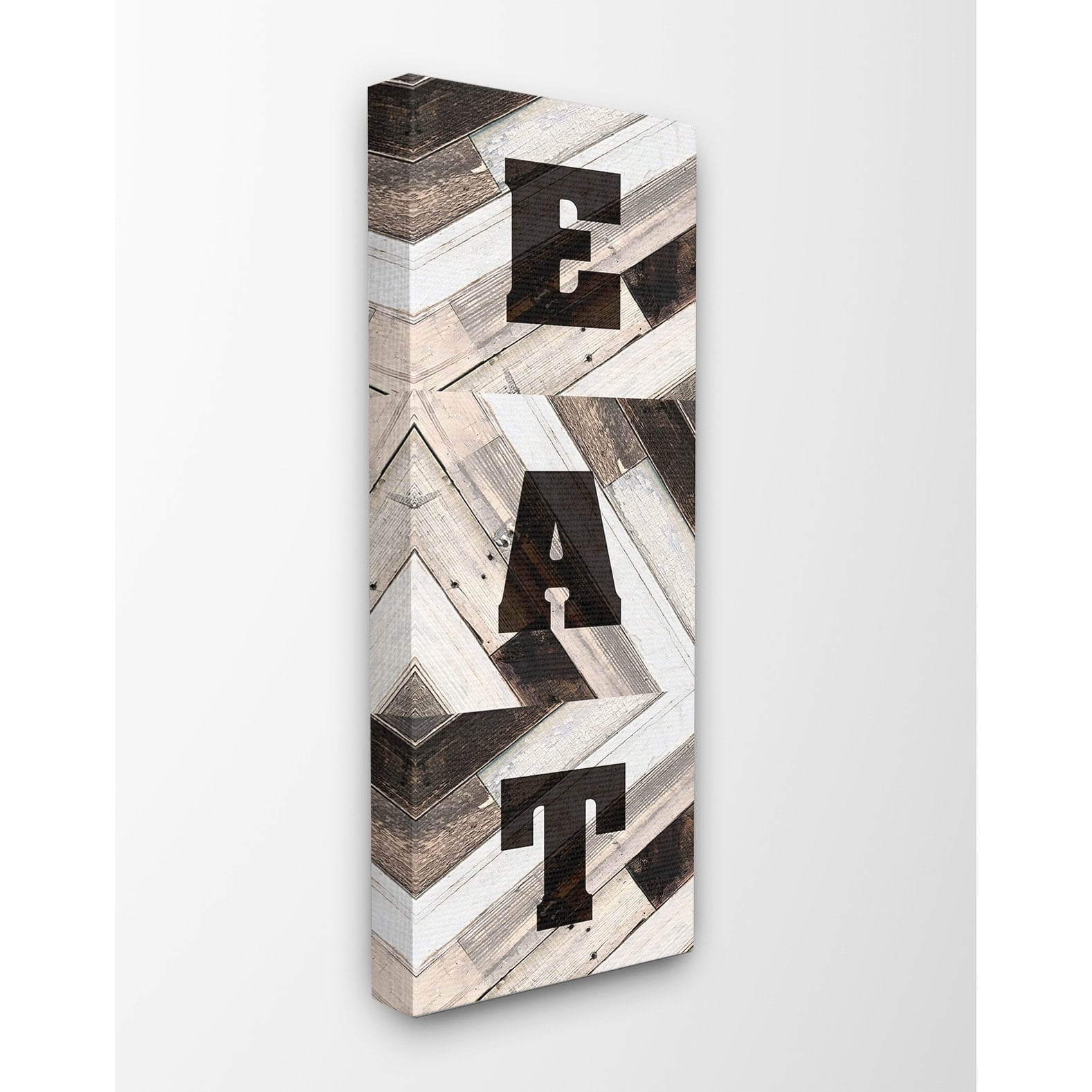 The Stupell Home Decor EAT Multicolored Planked Wood Look Sign Canvas Wall Art, 10 x 24