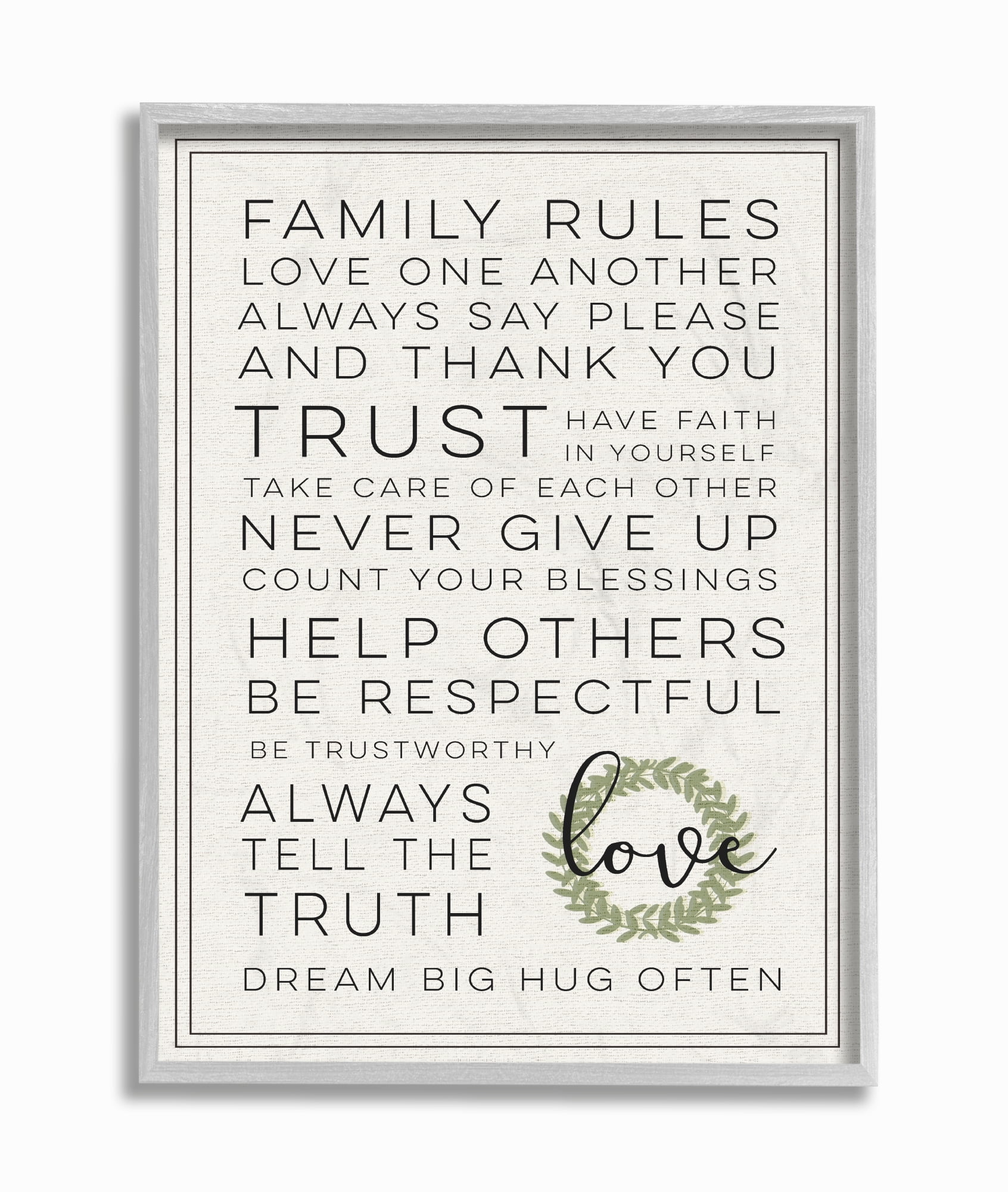 Family Rules Typography Print on Canvas with White Frame