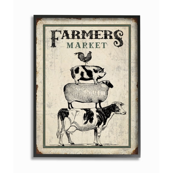 The Stupell Home Decor Farmers Market Vintage Look Stacked Animals Framed Texturized Art