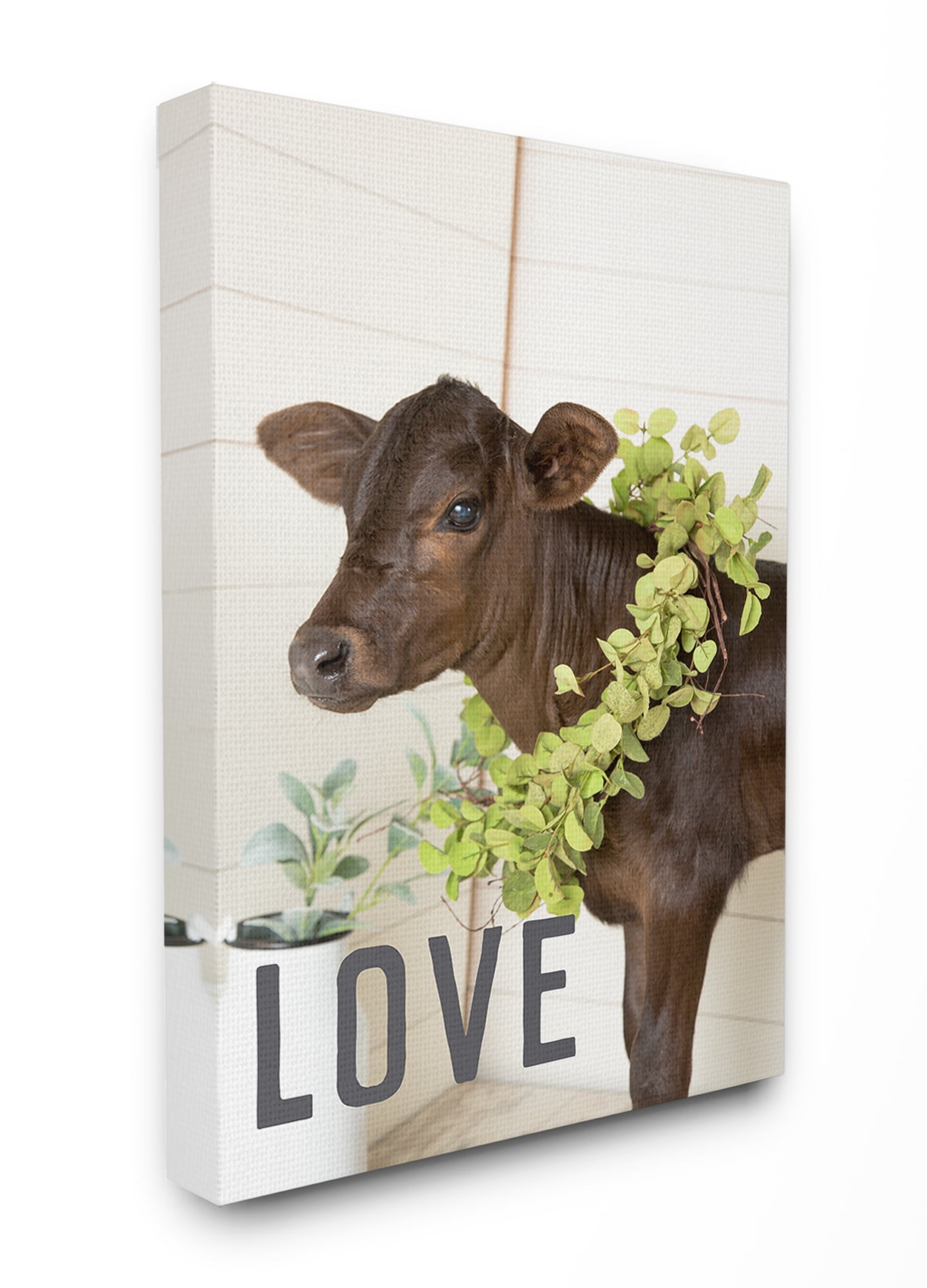 The Stupell Home Decor Farmhouse Love Baby Cow with Garland Wreath Photograph Canvas Wall Art