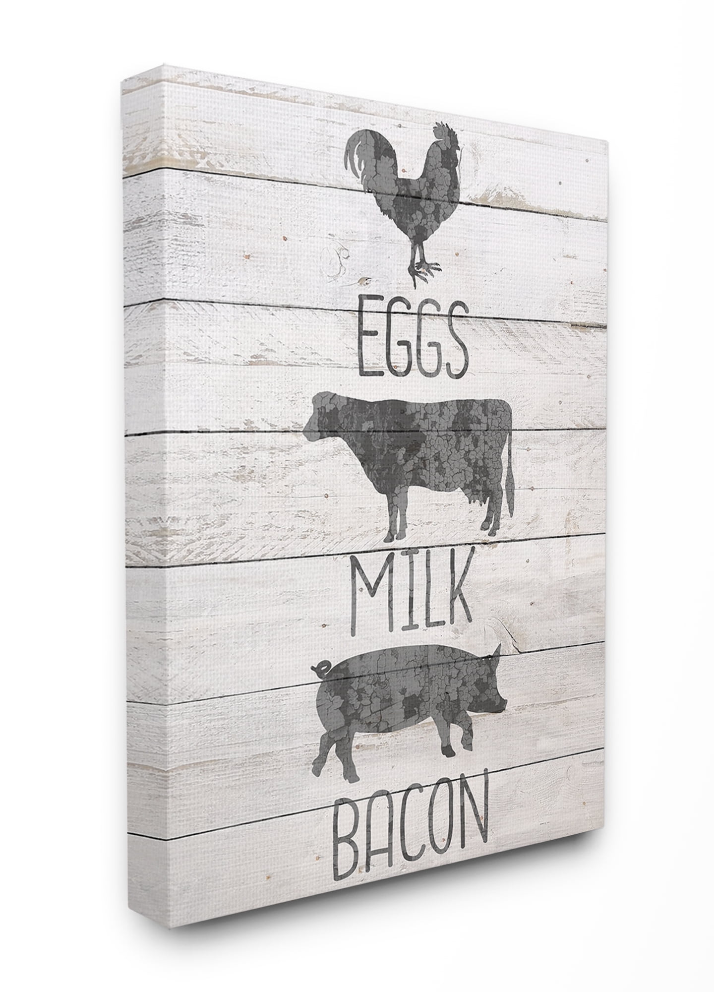 The Stupell Home Decor Farmhouse Planked Look Eggs Milk and Bacon Typography with Chicken Cow and Pig Canvas Wall Art