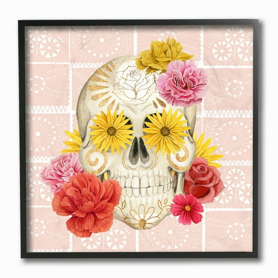 The Stupell Home Decor Floral Festival Skull on Peach Dotted Background Framed Texturized Art