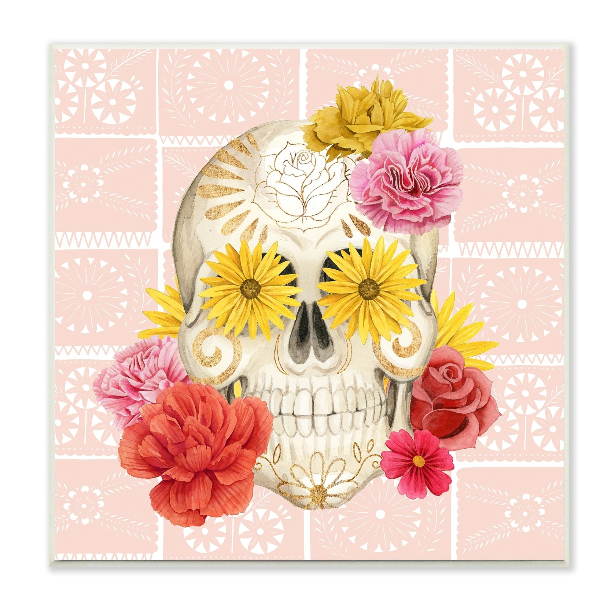 The Stupell Home Decor Floral Festival Skull on Peach Dotted Background Wall Plaque Art