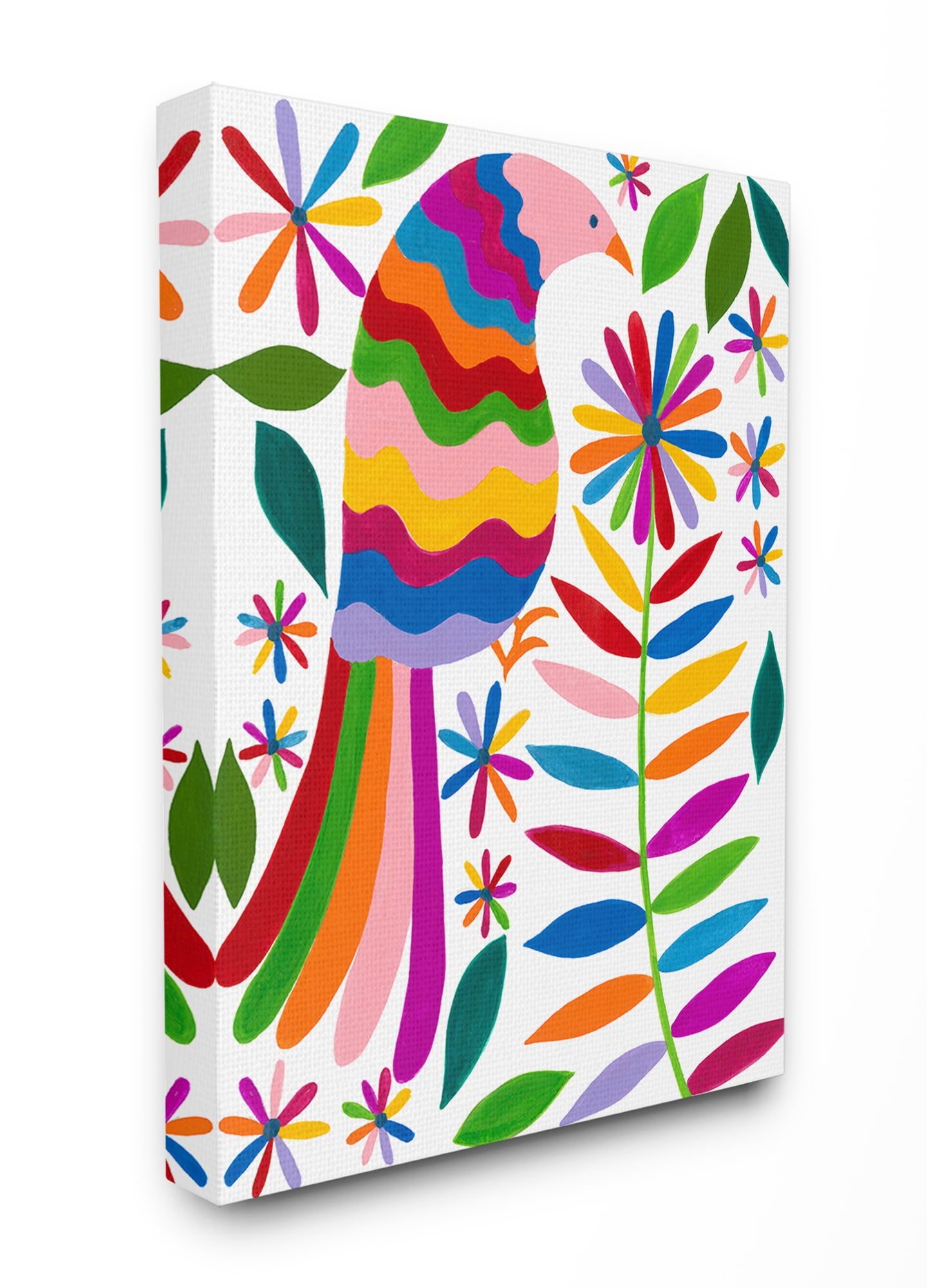 The Stupell Home Decor Folk Art Style Rainbow Feathered Bird and Daisy Flowers Canvas Wall Art