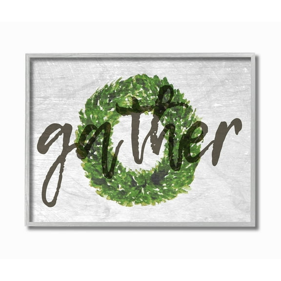 The Stupell Home Decor Gather Boxwood Wreath Typography Gray Framed Texturized Art