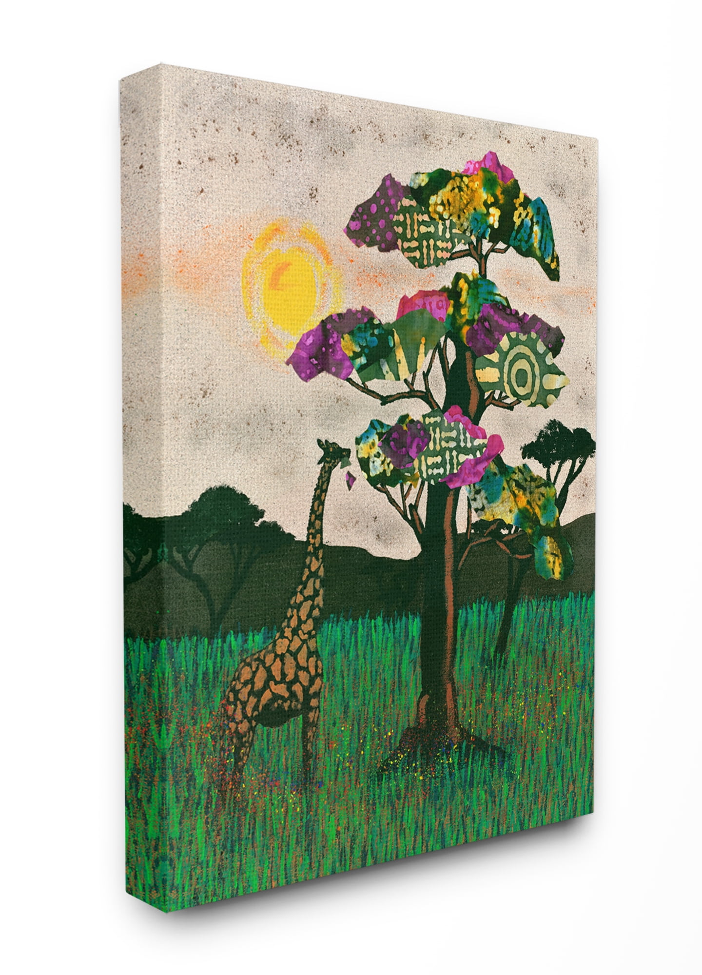 The Stupell Home Decor Giraffe with Bright Green Pink and Purple Mixed Media Collaged Trees Canvas Wall Art