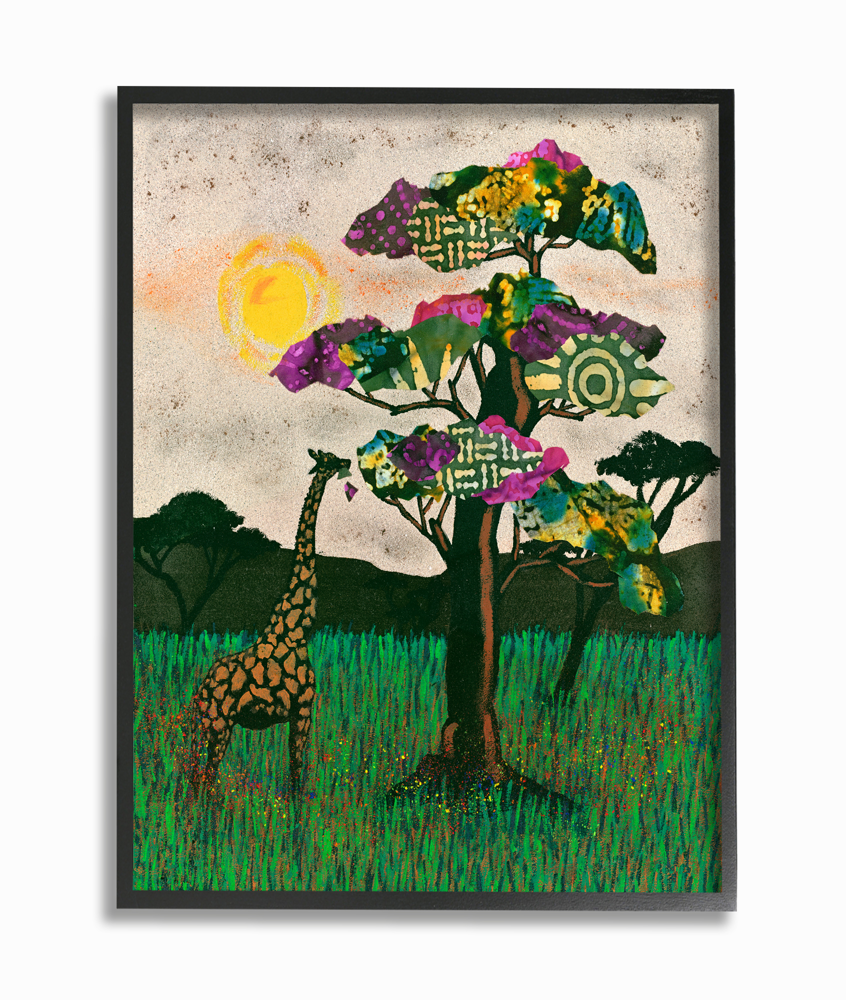 The Stupell Home Decor Giraffe with Bright Green Pink and Purple Mixed Media Collaged Trees Framed Texturized Art