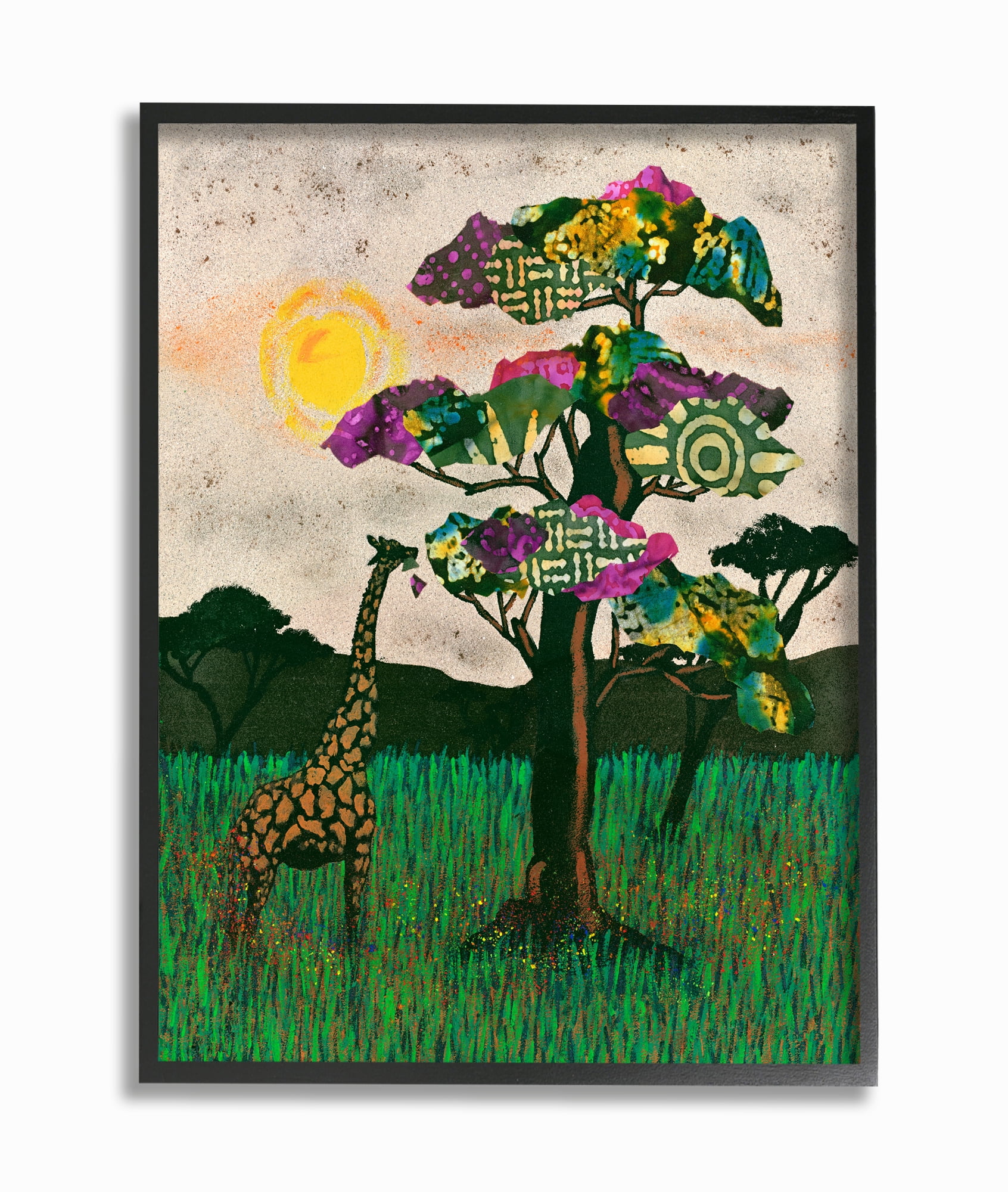 The Stupell Home Decor Giraffe with Bright Green Pink and Purple Mixed Media Collaged Trees Framed Texturized Art