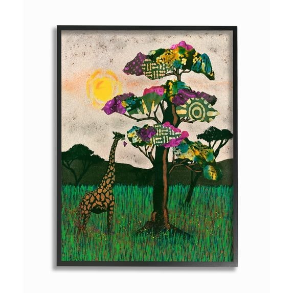 The Stupell Home Decor Giraffe with Bright Green Pink and Purple Mixed Media Collaged Trees Framed Texturized Art