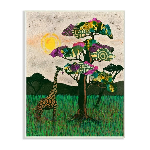 The Stupell Home Decor Giraffe with Bright Green Pink and Purple Mixed Media Collaged Trees Wall Plaque Art