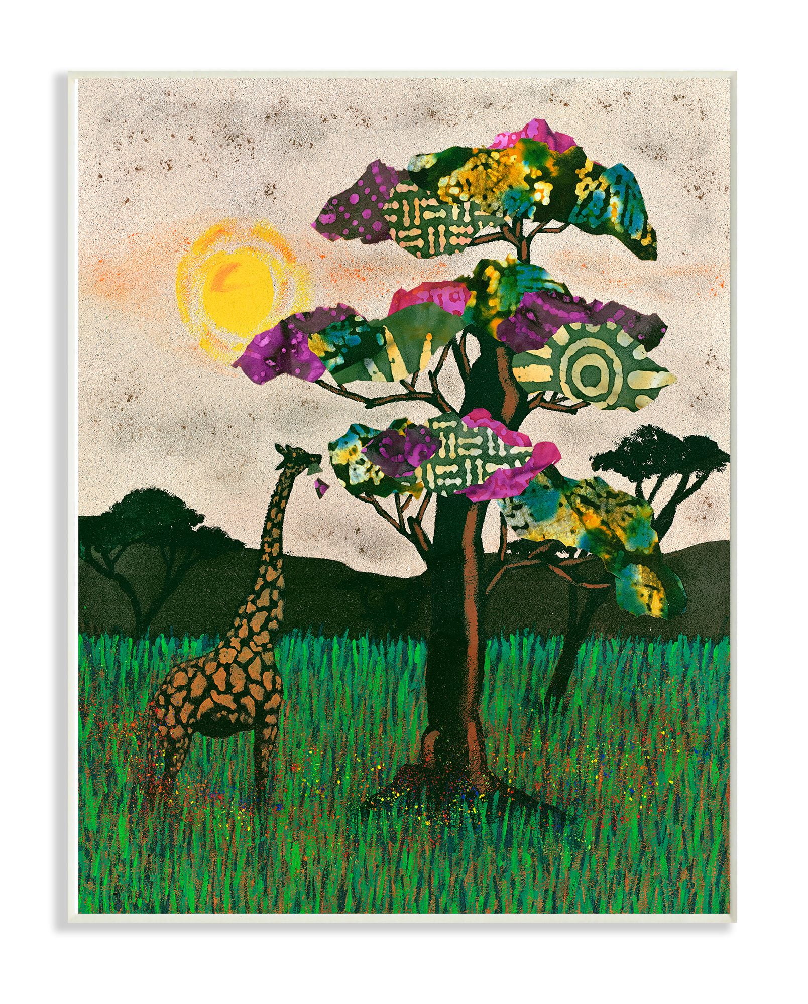 The Stupell Home Decor Giraffe with Bright Green Pink and Purple Mixed Media Collaged Trees Wall Plaque Art