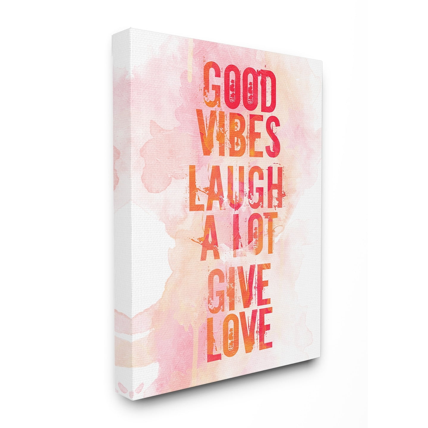 The Stupell Home Decor Good Vibes Laugh A Lot Give Love Coral and Orange Typography Canvas Wall Art