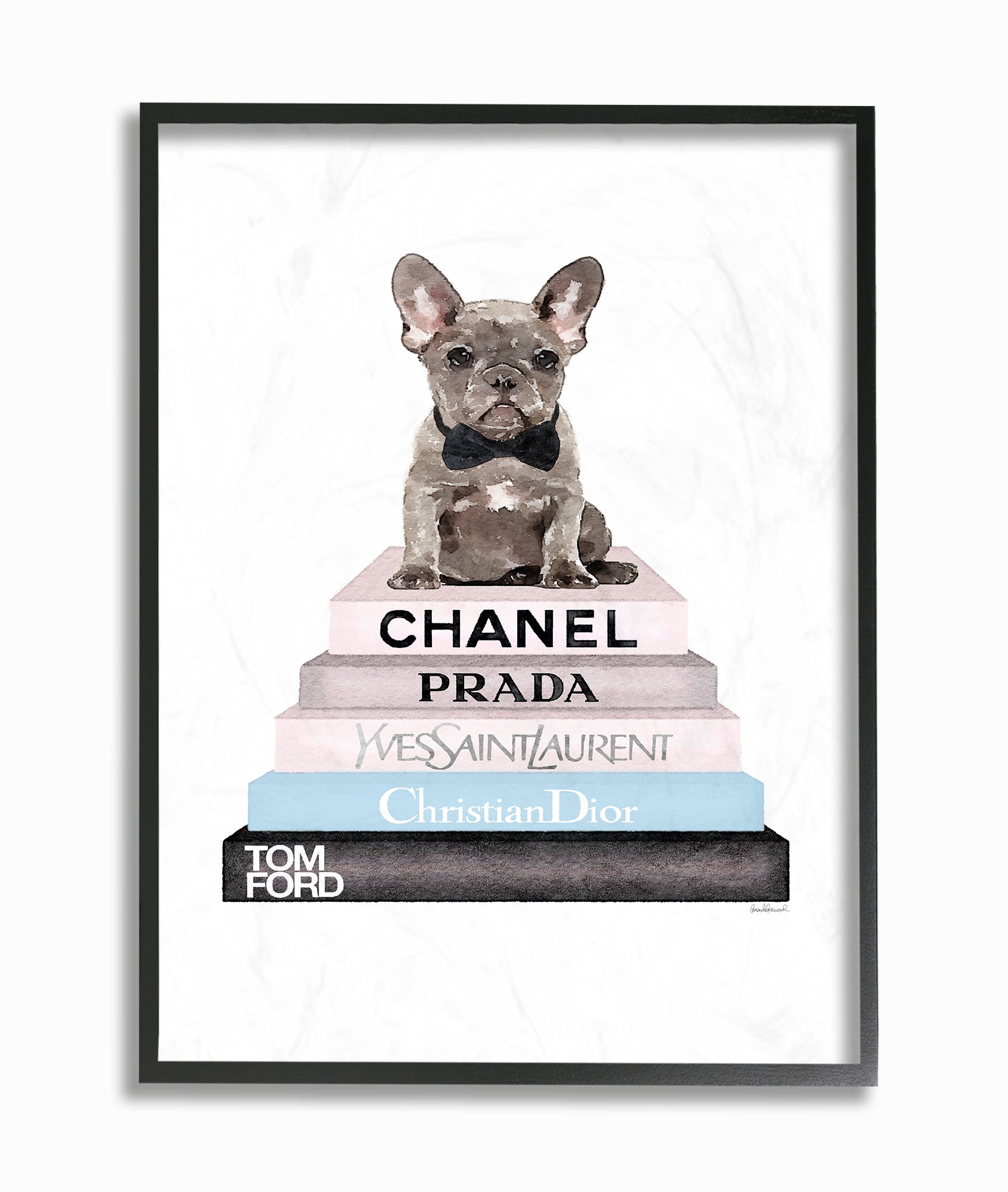 The Stupell Home Decor Grey Blue and Black Fashion Bookstack with Grey Frenchie Puppy Framed Texturized Art