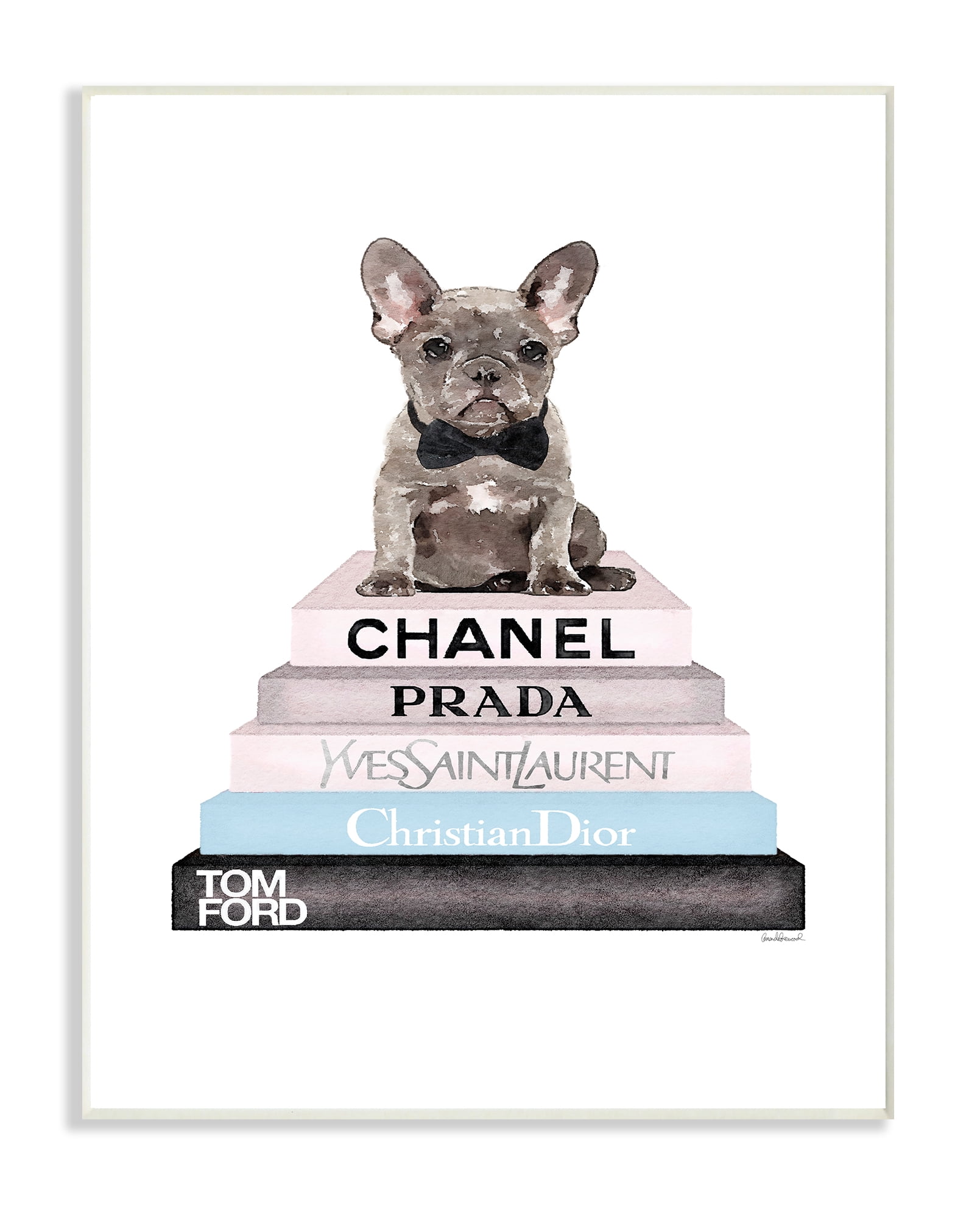 The Stupell Home Decor Grey Blue and Black Fashion Bookstack with Grey Frenchie Puppy Wall Plaque Art